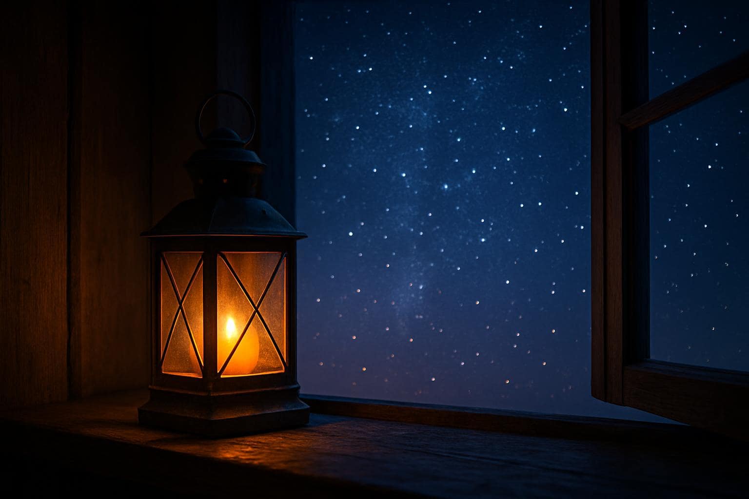 A warm lantern glowing on a windowsill facing a starlit night sky, symbolizing intuition and spiritual awakening