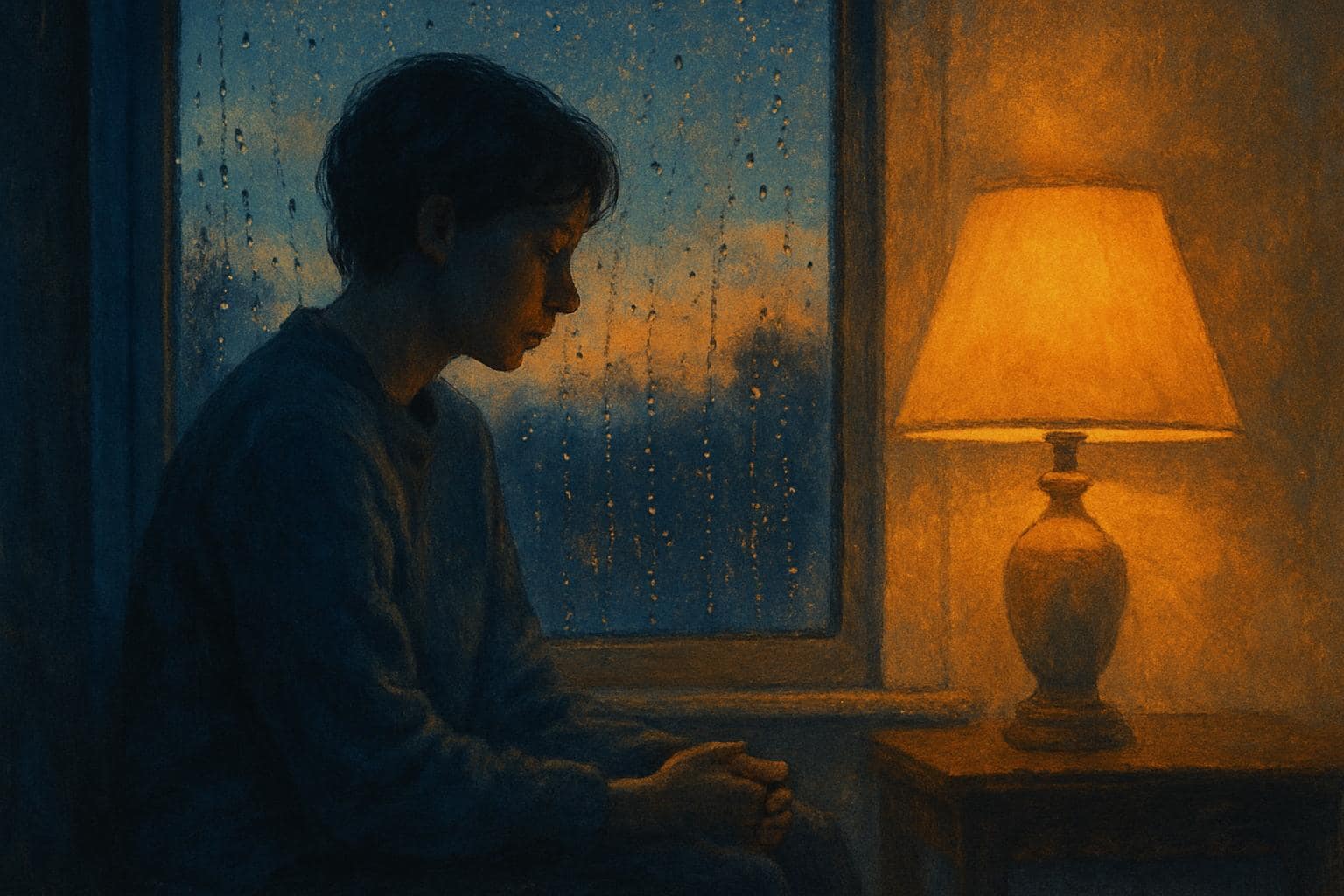 Person sitting in quiet reflection by a softly lit window at dusk