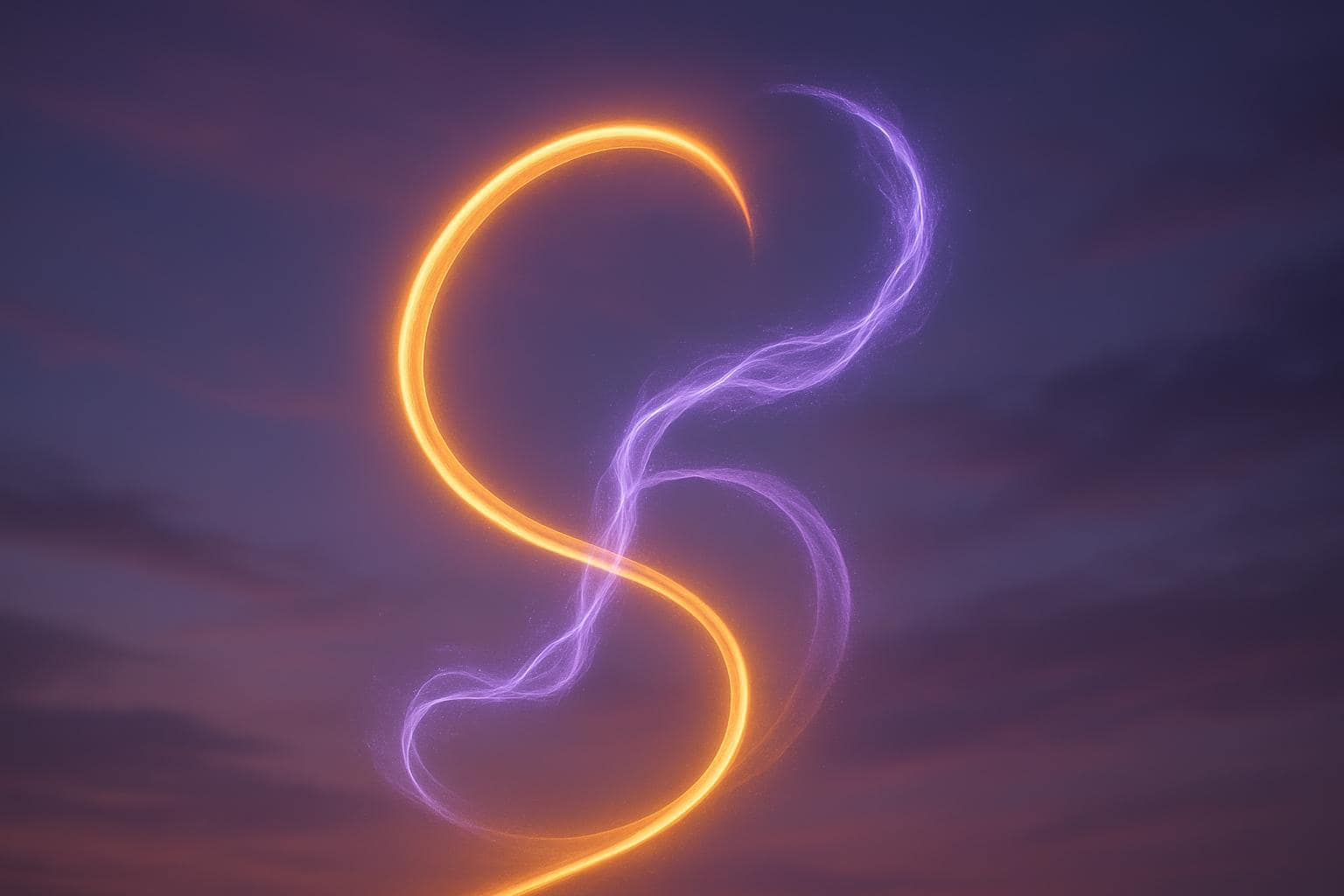 Two glowing light paths swirling together symbolizing balance and change