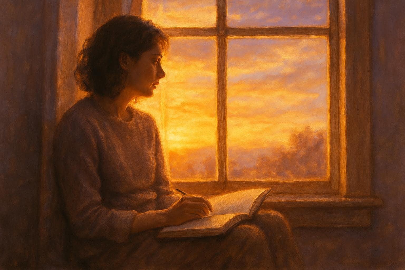 Person journaling by a sunset window in a moment of quiet reflection
