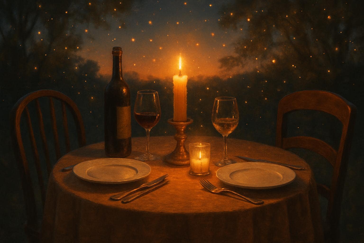 Candlelit table setting with warm golden light evoking the start of a new relationship