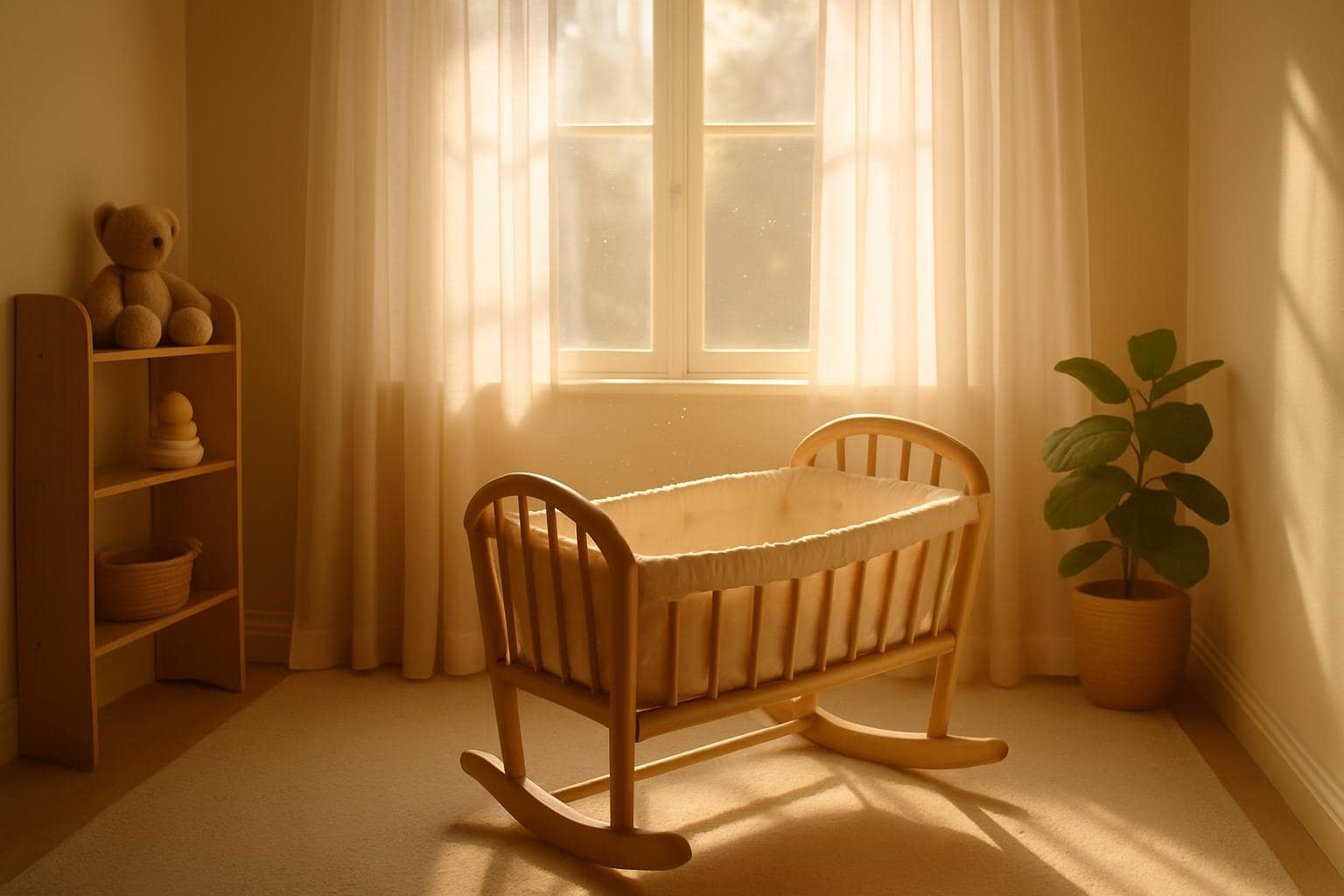 Sunlit empty cradle symbolizing anticipation of new life