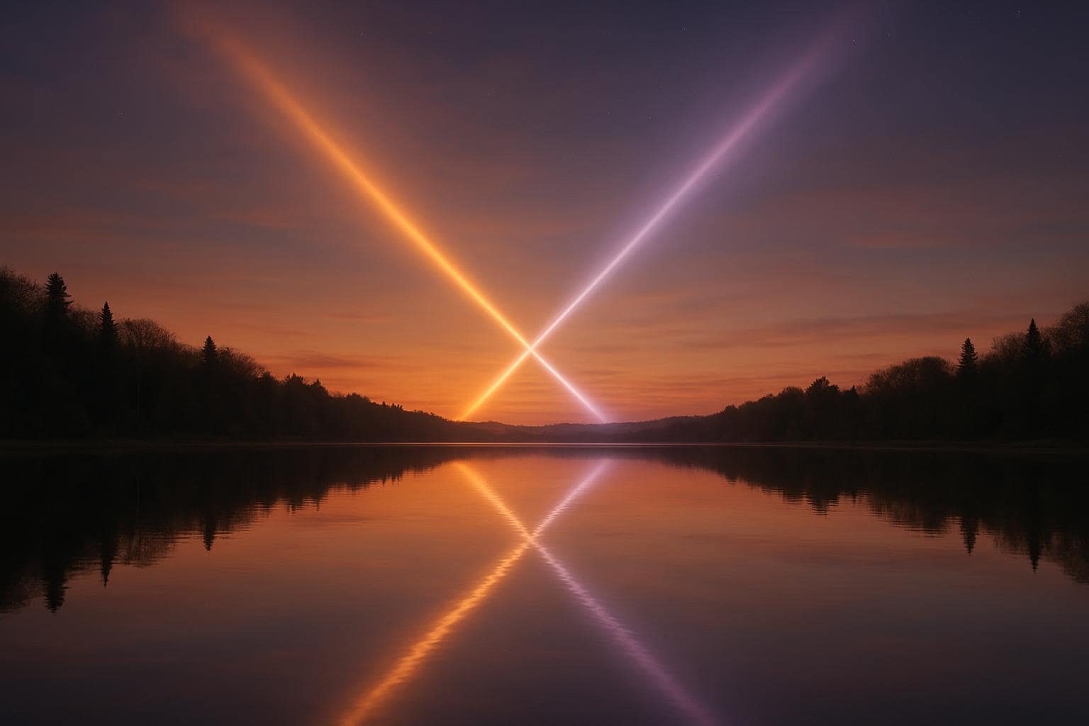 Symmetrical light beams over water symbolizing balance and mirrored reflection