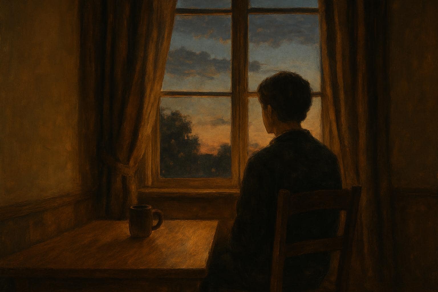 A person sitting quietly in soft evening light, reflecting